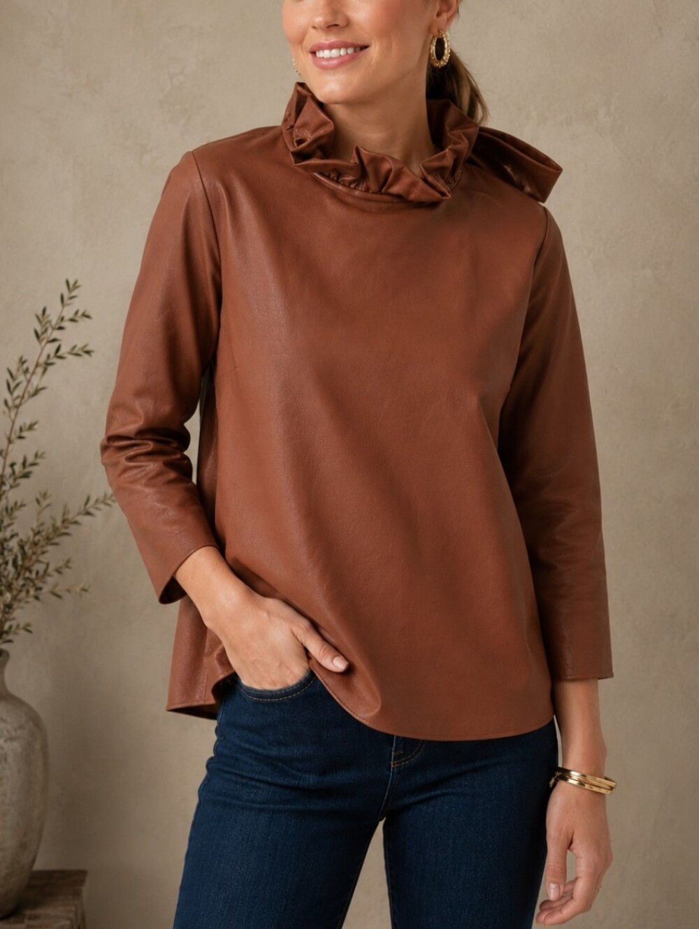 Tuckernuck Faye Faux Leather Top Bow Brown